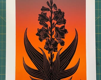 Large Garden Flower Linocut Print: Botanical Sunset Art, 11x14