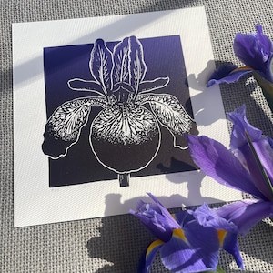 Iris Original Linocut Print - Purple Iris Flower Print - Limited Edition Linocut Print - Botanical Print - Flower Art - Handmade Print