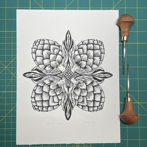 Stampa mandala di carciofo: linoleografia originale firmata
