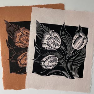 Tulips Linocut Print: Botanical Floral Art on Handmade Paper