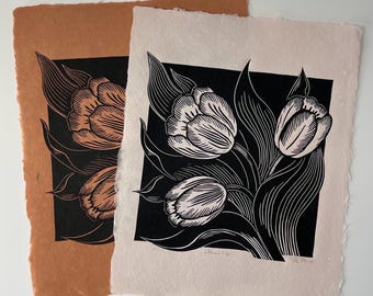 Tulips Linocut Print: Botanical Floral Art on Handmade Paper