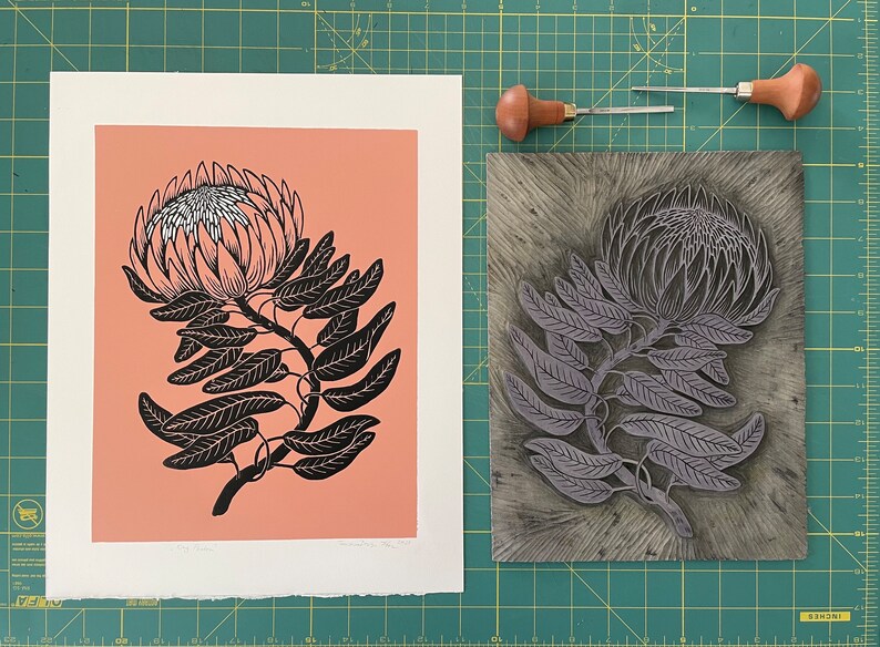 Two Color Linocut Two-color King Protea Linocut Print: Handmade Botanical Art - Etsy