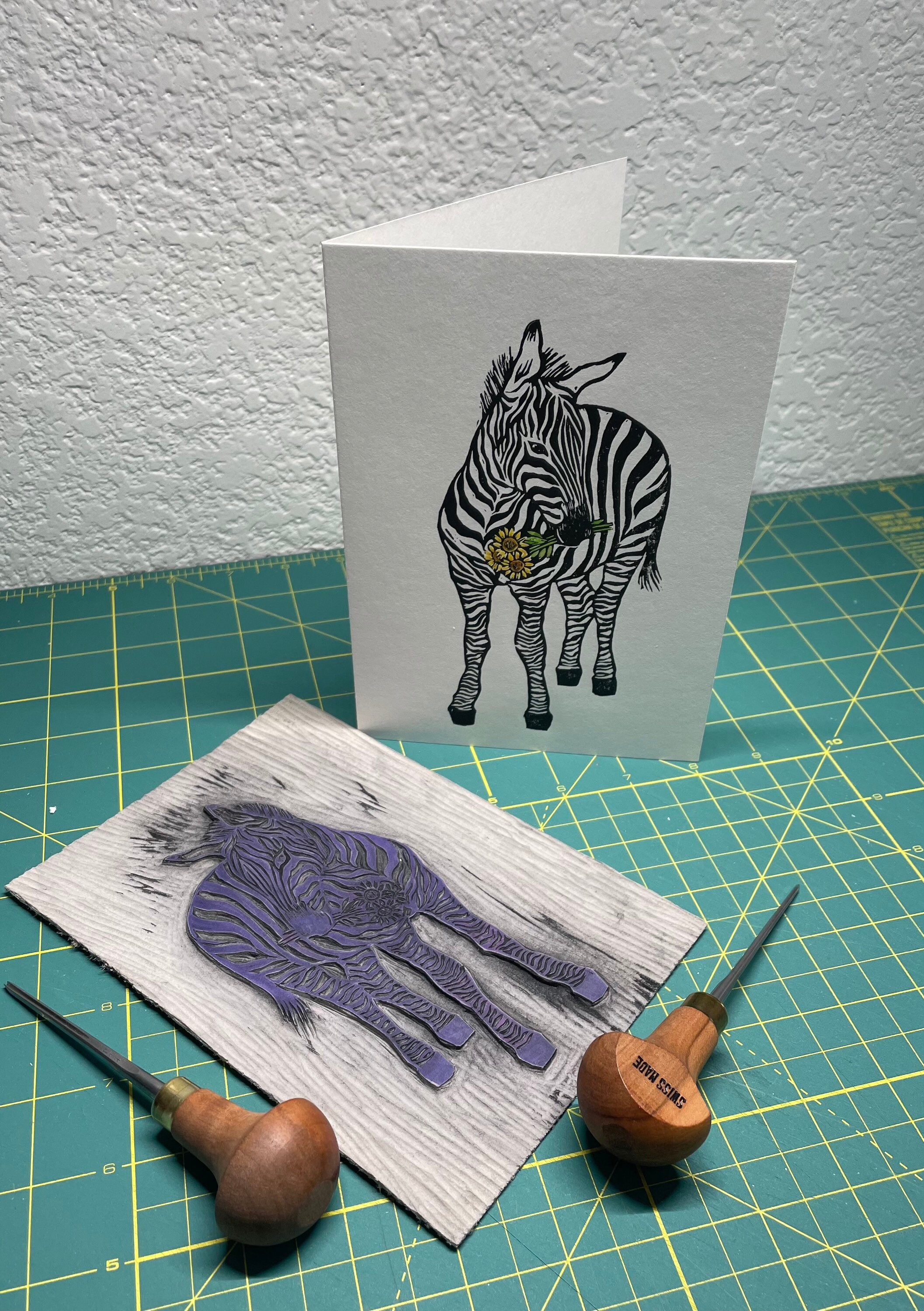 Handprinted Birthday Card - Linocut Zebra Card - Zebra and Floral ...