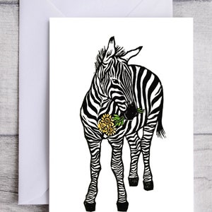 Handprinted Zebra Card: Linocut Bouquet, Blank Inside