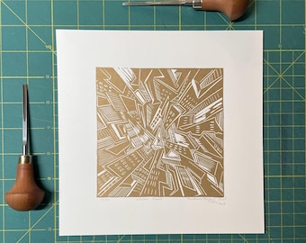 Urban Architecture Linocut Print: Abstract Cityscape Art, Limited Edition