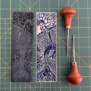 Linocut Bookmarks: Hand-Printed Tree Design, Student Gift