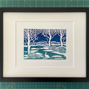 Original Linocut print ‘’First snow ‘’ - Handmade Linocut print - Xmas gift - Holiday season gift - Linocut landscape
