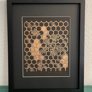 Bee Linocut Print: Honeycomb Gold Ink, Limited Edition