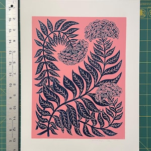 Two-Color Floral Linocut Print: Botanical Wall Art