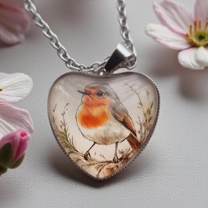 May include: A silver necklace with a heart-shaped pendant displaying a watercolour illustration of a robin. The bird has a red breast and is perched on a branch. Delicate pink and white flowers surround the necklace, creating a nature-inspired theme.