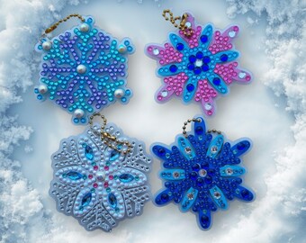 Snowflake Diamond Art Christmas Ornaments: Handmade Rhinestone Keychains - Set of 4