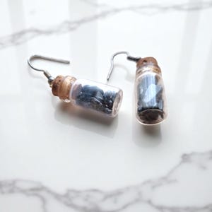 Snowflake Obsidian Dangle Earrings: Miniature Glass Jar, Handmade