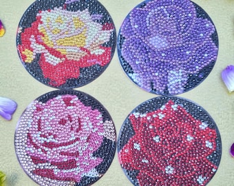 Posavasos con pintura de diamantes de rosas: decoración rústica para cocina, juego de 4