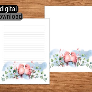 Carta da lettere stampabile foderata senza fodera Carta da lettere per download istantaneo 8,5"x 11" Carta da lettere formato lettera standard USA San Valentino Love Birds