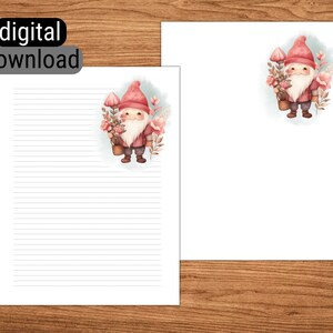 Carta da lettere stampabile foderata senza fodera Carta da lettere per download istantaneo 8,5"x 11" Carta da lettere formato lettera standard USA Gnomo con fiori e cappello rosso