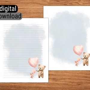 Carta da lettere stampabile foderata senza fodera Carta da lettere con download istantaneo 8,5"x 11" Carta da lettere formato lettera standard USA San Valentino Orso e volpe