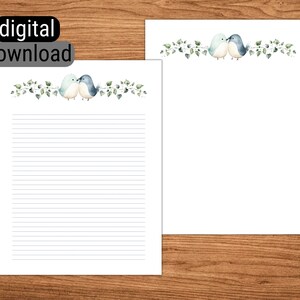 Carta da lettere stampabile foderata senza fodera Carta da lettere per download istantaneo 8,5"x 11" Carta da lettere formato lettera standard USA Carino uccello blu foglie verde