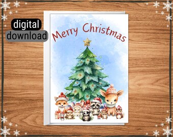Carte de voeux de Noël téléchargeable Carte de joyeux Noël imprimable 5 x 7 po. Carte de voeux de 4 x 6 po. Carte en téléchargement numérique Arbre et animaux