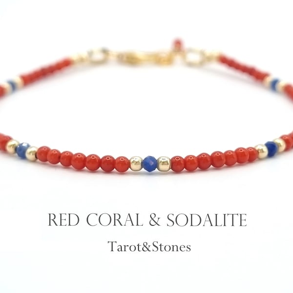 Bracelet with natural red deep sea coral and Sodalite beads, handmade, 2mm, available in 14k gold filled and 925 sterling silver