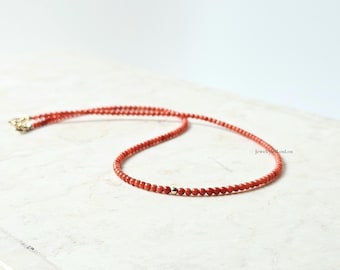 Collana girocollo di perle di corallo rosso italiano, placcata oro 14 carati, argento sterling 925, corallo naturale mediterraneo da 2 mm