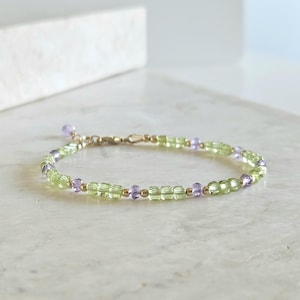 Peridot and Amethyst Gemstone Cut Beaded Bracelet, AAA quality, Handmade, Top Quality, Available 14k Goldfilled, 925 Silver
