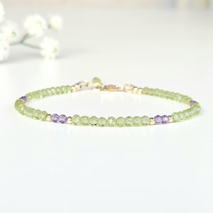 Peridot and Amethyst Gemstone Cut Beaded Bracelet, AAA quality, Handmade, Top Quality, Available 14k Goldfilled, 925 Silver