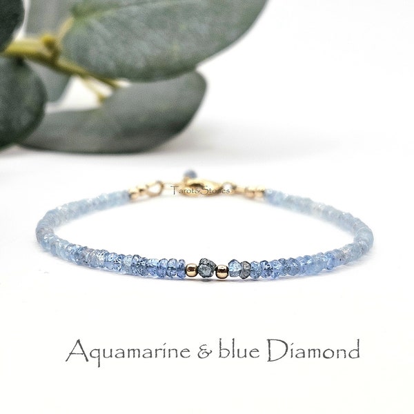 Moss aquamarine and blue rough diamond fine delicate gemstone bracelet, available in 14k goldfilled and 925 sterling silver, handmade