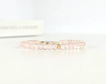 Rose quartz bead bracelet, 14k gold-filled, 925 sterling silver, faceted, 6mm
