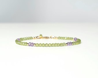 Peridot and Amethyst Gemstone Cut Beaded Bracelet, AAA quality, Handmade, Top Quality, Available 14k Goldfilled, 925 Silver