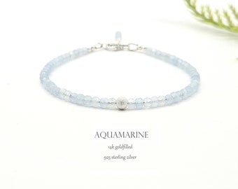 Aquamarijn edelstenen kralen armband, natuurlijke aquamarijn, handgemaakt, leverbaar in 14k goldfilled en 925 sterling zilver