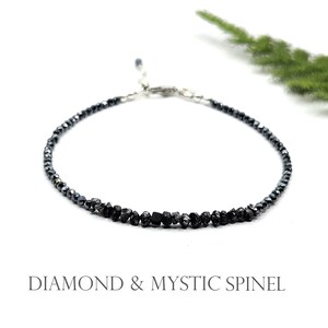 Gray rough diamond and dark gray mystic spinel gemstone beaded bracelet, available in 14k gold filled and sterling silver, handmade