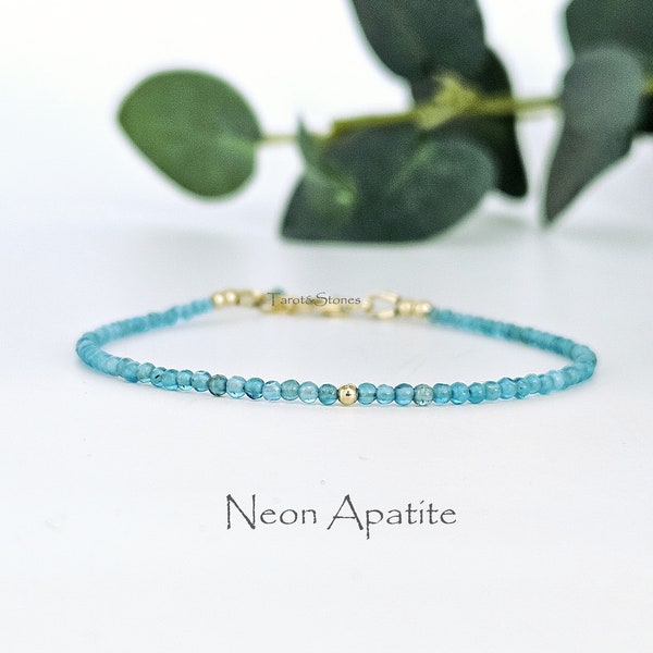 Bracelet de perles de pierres précieuses Neon Apatite, 2 mm, fait à la main, Apatite naturelle, disponible en goldfilled 14 carats et en argent 925