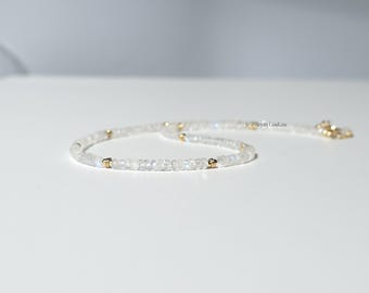 Moonstone bead necklace, 14k gold-filled, 925 sterling silver, handmade, faceted 3mm