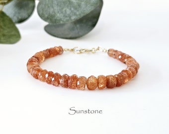 Sunstone bead bracelet, AAA quality natural Sunstone, available in 14k goldfilled and 925 sterling silver, gift for him and her