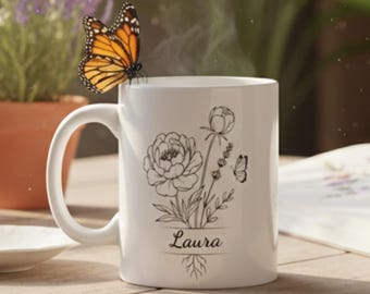 Taza con nombre y ramo de flores / Taza de café de cerámica personalizada con nombre de 11 oz