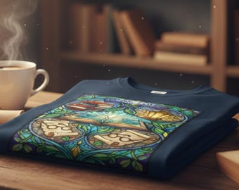 Camiseta con pila de libros de vitrales / Gafas con velas para leer
