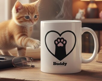 Taza de cerámica personalizada con nombre de gato y pata de mascota y corazón / Taza personalizada con pata de gato