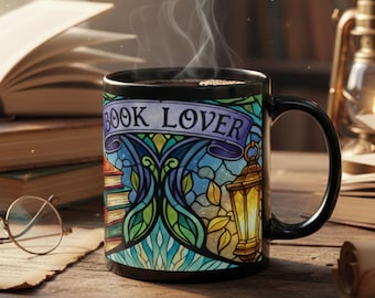 Taza con diseño de vitral para amantes de los libros / Taza de café de cerámica negra