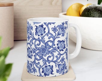 Taza con estampado floral azul de azulejos / Taza de café estilo chinoiserie