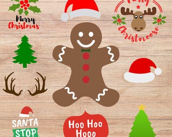 Paquete de imágenes SVG navideñas: Pan de jengibre, gorro de Papá Noel, árbol, reno (descarga digital)