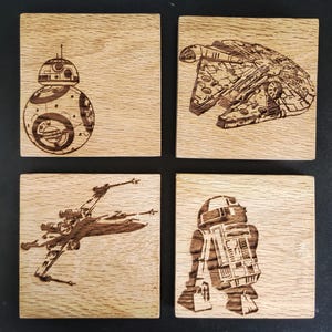 Star Wars wooden coasters, laser engraved, available in sets of four or singles.