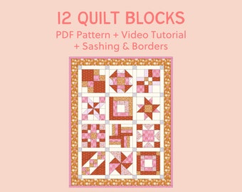 Mystery Quilt Block of the Month Pattern – 12 PDF Blocks, Video Tutorials