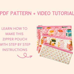 May include: Three pink zipper pouches with a quilted pattern and a pink zipper. The pouches are different sizes and have a repeating pattern of milk cartons, fruit, and other designs. Text on the image reads "PDF PATTERN + VIDEO TUTORIAL" and "LEARN HOW TO MAKE THIS ZIPPER POUCH WITH STEP BY STEP INSTRUCTIONS."