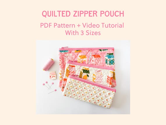 Quilted Zipper Pouch Pattern 3 Sizes – Easy Sewing Tutorial with Binding Detail | PDF Download