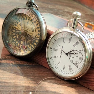 Ensemble montre de poche Waltham et boussole médaillon en laiton | Cadeau personnalisé pour toutes les occasions | Cadeau d'anniversaire | Cadeau pour couple
