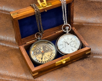 Personalized Brass Pocket Watch & Compass Set, Engraved Gift for Men, Custom Message Watch, Nautical Compass Gift, Anniversary Gift for Him