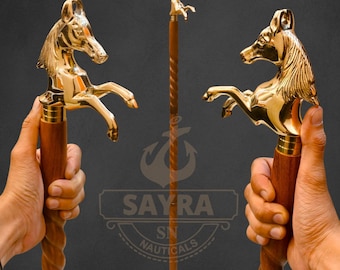 Personalized Horse Handle Walking Stick – Solid Brass Wooden Cane for Men – Custom Engraved Vintage Equestrian Cane – Gift for Father