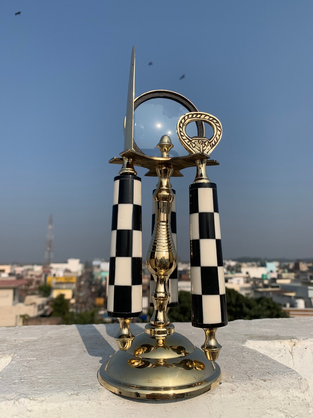 Set of 3 Decorative Brass Checker Magnifying Glass Bottle & Letter