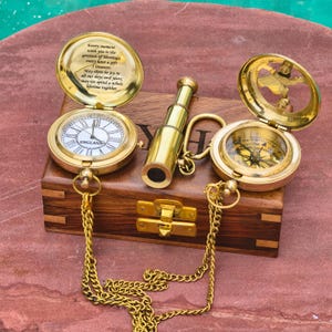 Personalized Brass Pocket Watch Set: Sundial Compass & Telescope Keychain