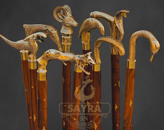 Hand Carved Wooden Walking Cane, Brass Animal Head Handle, Vintage Style Stick